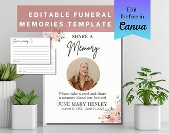 Funeral Share a Memory Sign Template | Funeral Share a Memory Cards Template | Memorial Remembrance | Pink Roses Funeral Template