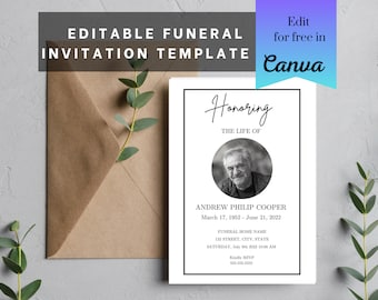 Funeral Invitation Template | Funeral Announcement Template for man | Memorial Service Invitation | Minimalist Funeral Announcement