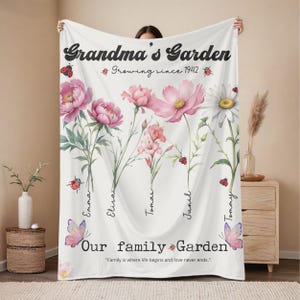 Watercolor Flower Blanket For Grandma Garden, Custom Grandma&#39;s Garden Blanket, Personalized Grandmas Garden Blanket, Blanket Grandkids Names