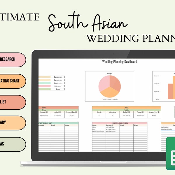 South Asian Wedding Planner | Pakistani Wedding Planner Spreadsheet | Wedding Guest List | Wedding Budget Planner | Google Sheets Template