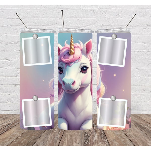 Personalize-the-Magic: Cute Pastel Unicorn Tumbler Wrap with Custom Photo Frames for Kids"