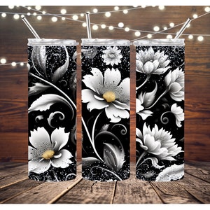 Black and White PNG/20oz Skinny Tumbler PNG 2023 Black and White Flowers Sublimation Tumbler wrap