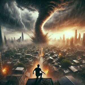 Puede incluir: Obra de arte digital que representa una ciudad devastada por un tornado. Una persona se siluetea en un tejado, observando la tormenta. Los relámpagos destellan en el cielo oscuro y tormentoso. La escena está representada en tonos marrones, naranjas y grises.