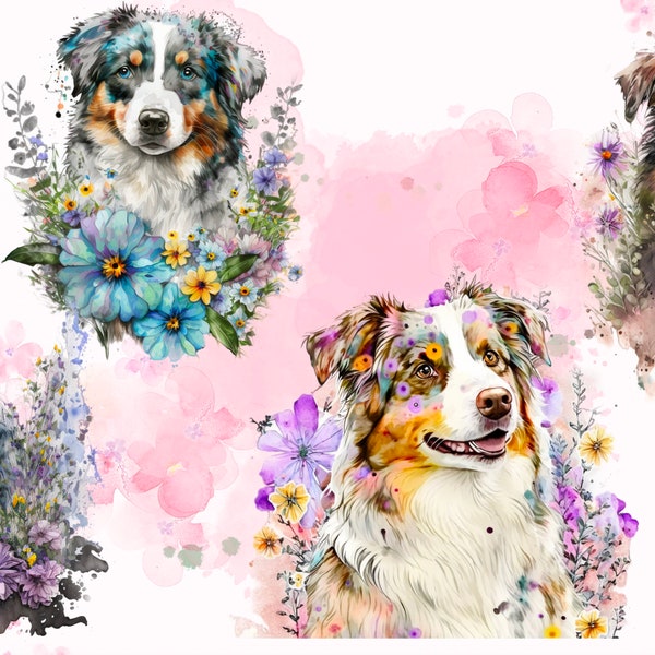 Realistic Watercolor Australian Shepherd Dog Clipart with flowers png digital download high quality immediate access cute dogs for art