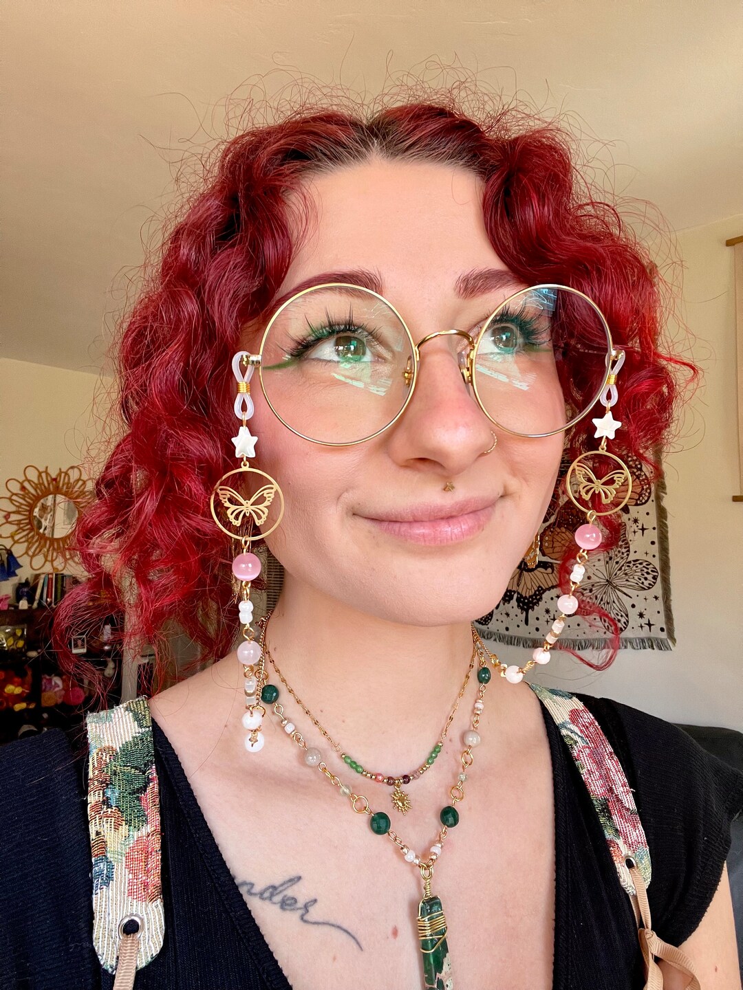 Pink Butterfly Beaded Glasses Chain Etsy