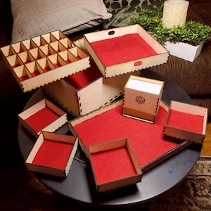 Custom DnD Wooden Storage Box w/ Dice Tower, Fleece Lined, 3 Levels of Organizing Trays – Perfect for Dice, Miniatures, and Accessories!