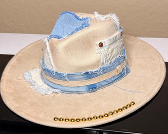 Sombrero Fedora de mezclilla reciclada personalizado / Sombrero llamativo de ala ancha