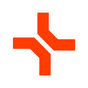 Könnte beinhalten: Ein Aufkleber mit einem stilisierten orangefarbenen Kreuz und einem weißen Rand. Das Kreuz besteht aus zwei sich kreuzenden, abgewinkelten Linien, die ein modernes, geometrisches Design bilden. Der Aufkleber befindet sich auf einem weißen Hintergrund.