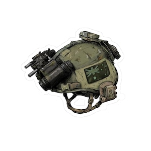 May include: An illustration of a military helmet with night vision goggles. The helmet is olive green with an Australian flag patch. The design is detailed with shading and highlights, giving it a realistic appearance.