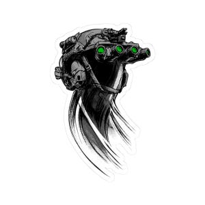 May include: A black and white sticker depicting a night vision helmet. The helmet has multiple lenses with green highlights and is set against a white background. The design has a tactical theme.