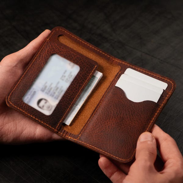 Cartera plegable de cuero personalizada con ranura para tarjeta de identificación, regalo para él