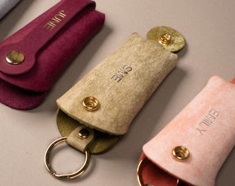 Personalized Leather Key Case, Custom Leather Key Holder with Pull Strap, Leather Key Fob, Key Organizer, Colorful Leather Keys Purse, Gift