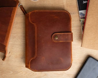 Personalized Crazy Horse Leather Journal Cover, A5 Notebook Binder with Phone Pocket