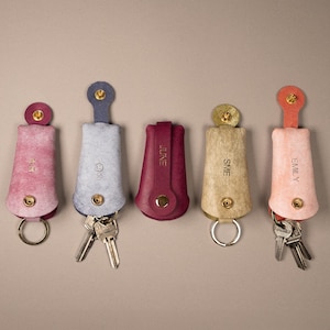 Personalized Leather Key Case / Key Organizer / Key Pouch, Custom Leather Key Holder with Pull Strap, Stamped Name or Initials + Gold Foil
