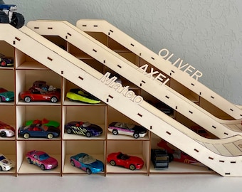 Personalized Toy Car Ramp for Kids | Wooden Car Racetrack Storage Display Birthday Gift