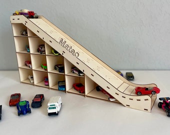 Toy Car Ramp & Racetrack Storage Display | Personalized Wooden Organizer for Mini Cars