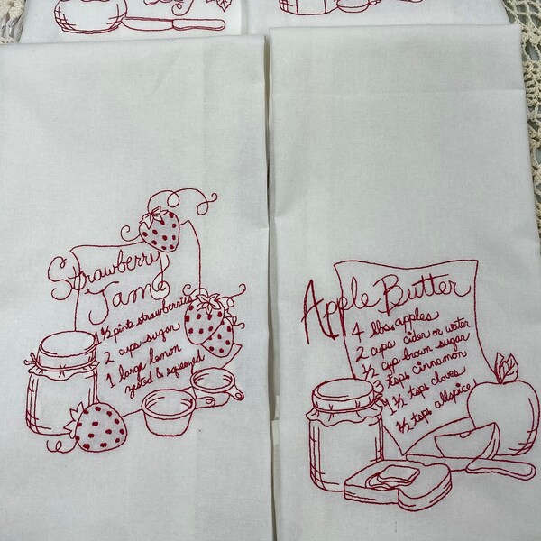 Jam/Jelly Recipe Redwork Embroidered Flour Sack Tea Towels, Dish Towels, 1850's Vintage style, set of 4 towels