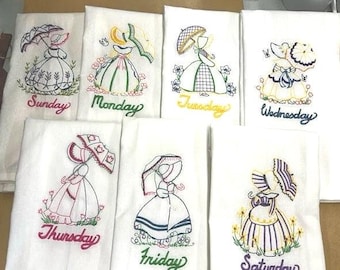 Umbrella Girls Days of the Week Flour Sack Tea Towels Set of 7, Vintage Embroidered Kitchen Dish Towels, Retro Farmhouse Gift