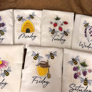 Honeybees Days of the Week Machine Embroidered Flour Sack Tea Towels, Dish Towels
