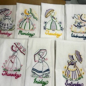 Umbrella Girls Days of the Week Machine Embroidered Flour Sack Tea Towels, Dish Towels, Vintage style