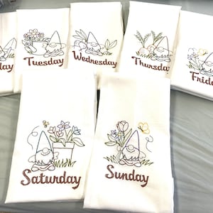 Vintage Gnome Days of the Week Machine Embroidered Flour Sack Tea Towels, Dish Towels