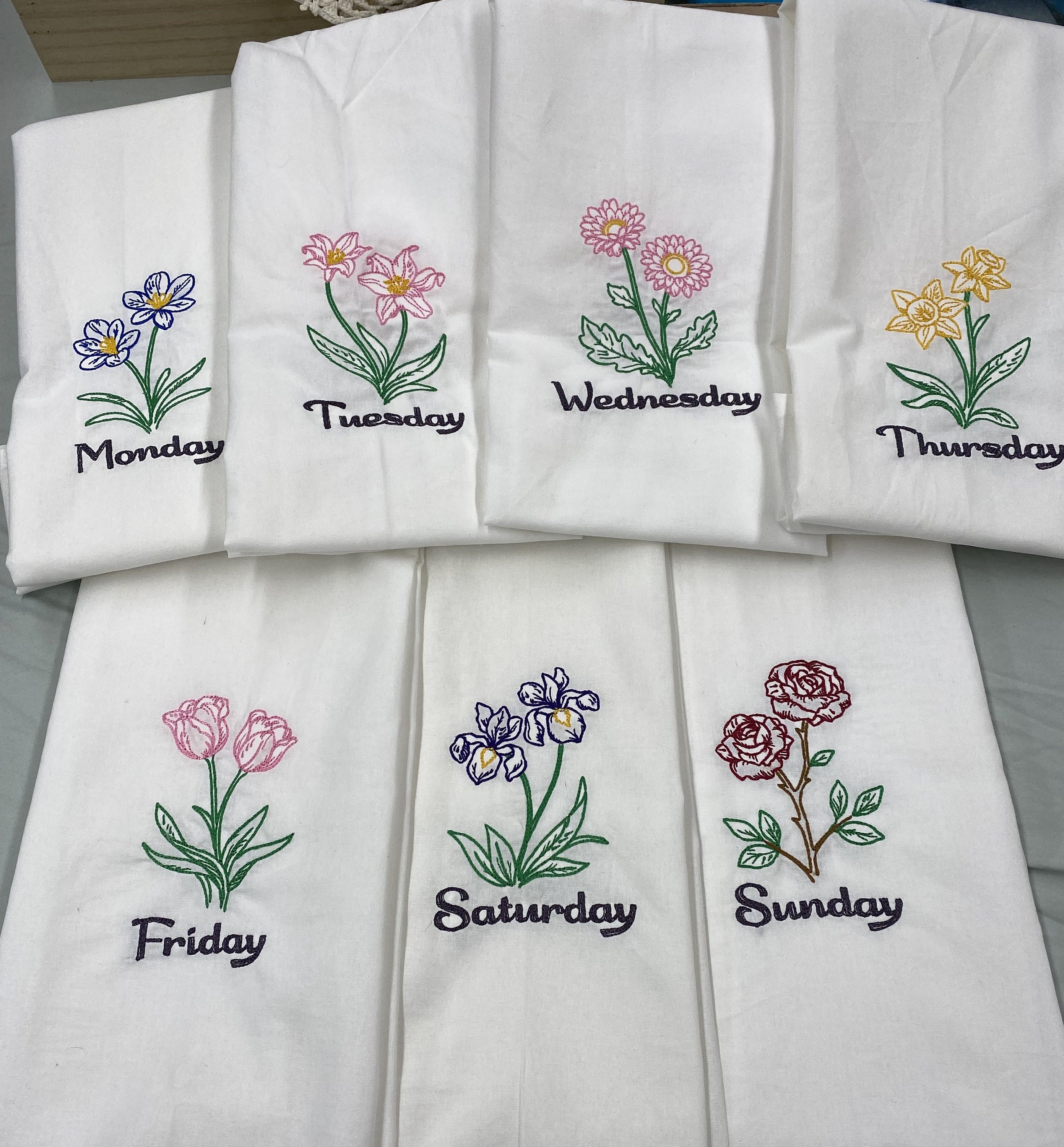 Embroidered Flower Flour Sack Towels, Days of the Week, Vintage 