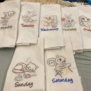 Chore Animals Days of the Week Flour Sack Tea Towels Set of 7, Vintage Embroidered Kitchen Dish Towels, Farmhouse Gift image 1