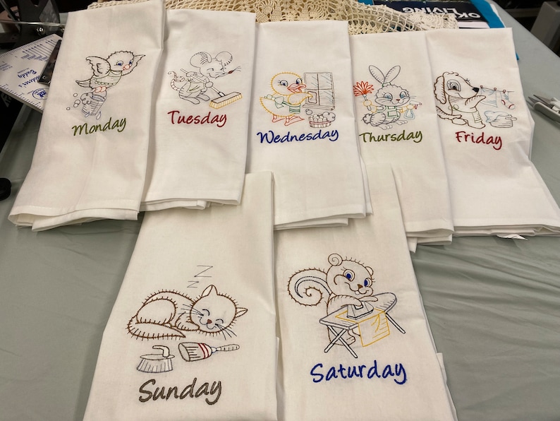 Chore Animals Days of the Week Flour Sack Tea Towels Set of 7, Vintage Embroidered Kitchen Dish Towels, Farmhouse Gift image 1