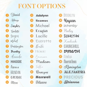 May include: A font options chart featuring forty-two numbered entries, each displaying a unique typeface style. The header reads FONT OPTIONS in orange text. The list includes names like Finnick, Adalynn, and Brooklyn in various black font styles.