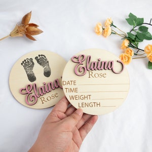 Baby Announcement Sign with Birth Stats Footprint Sign For Newborn Baby Name Reveal Personalized Baby Name Sign Sign For Hospital image 1