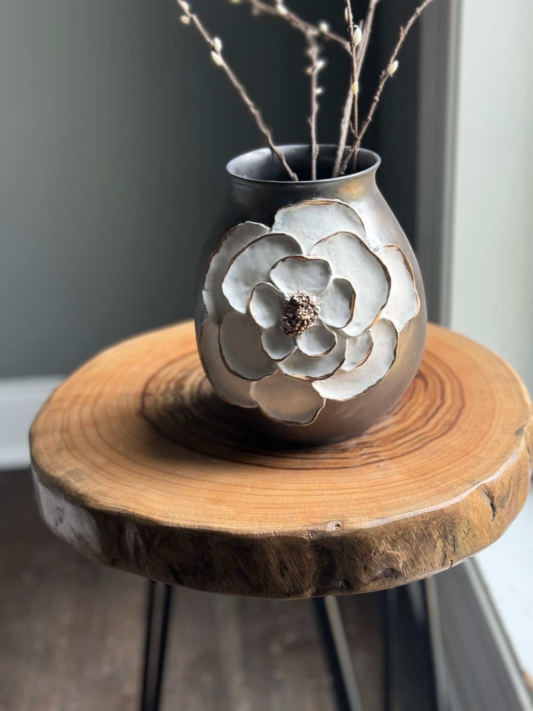 Handmade Wheel Thrown Porcelain Vase in Antique Gold With Hand Carved ...