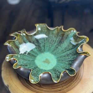 wheel thrown altered organic porcelain wavy ruffle bowl in green and brown, beautiful whimsical centerpiece