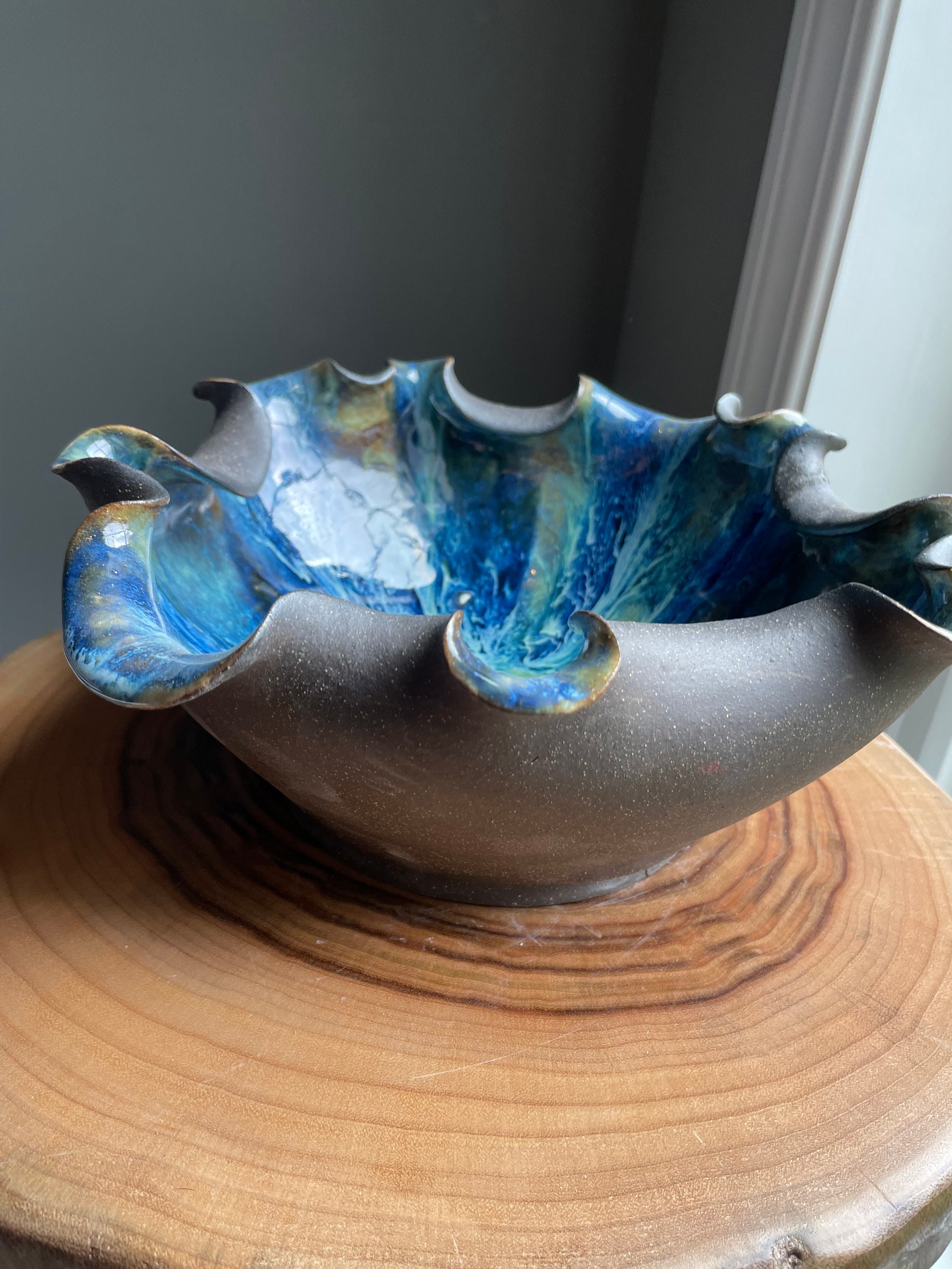 Handmade, Wheel-thrown, Dark Brown Clay, Ruffled Bowl. This is a ...