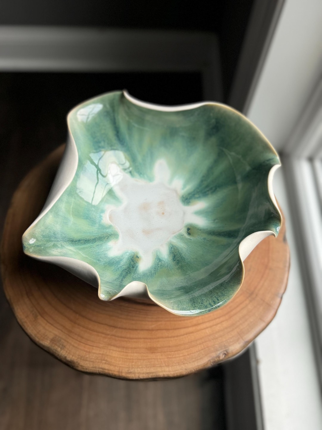 Handmade Wheel Thrown Altered Wavy Porcelain Ruffle Bowl in Green and ...