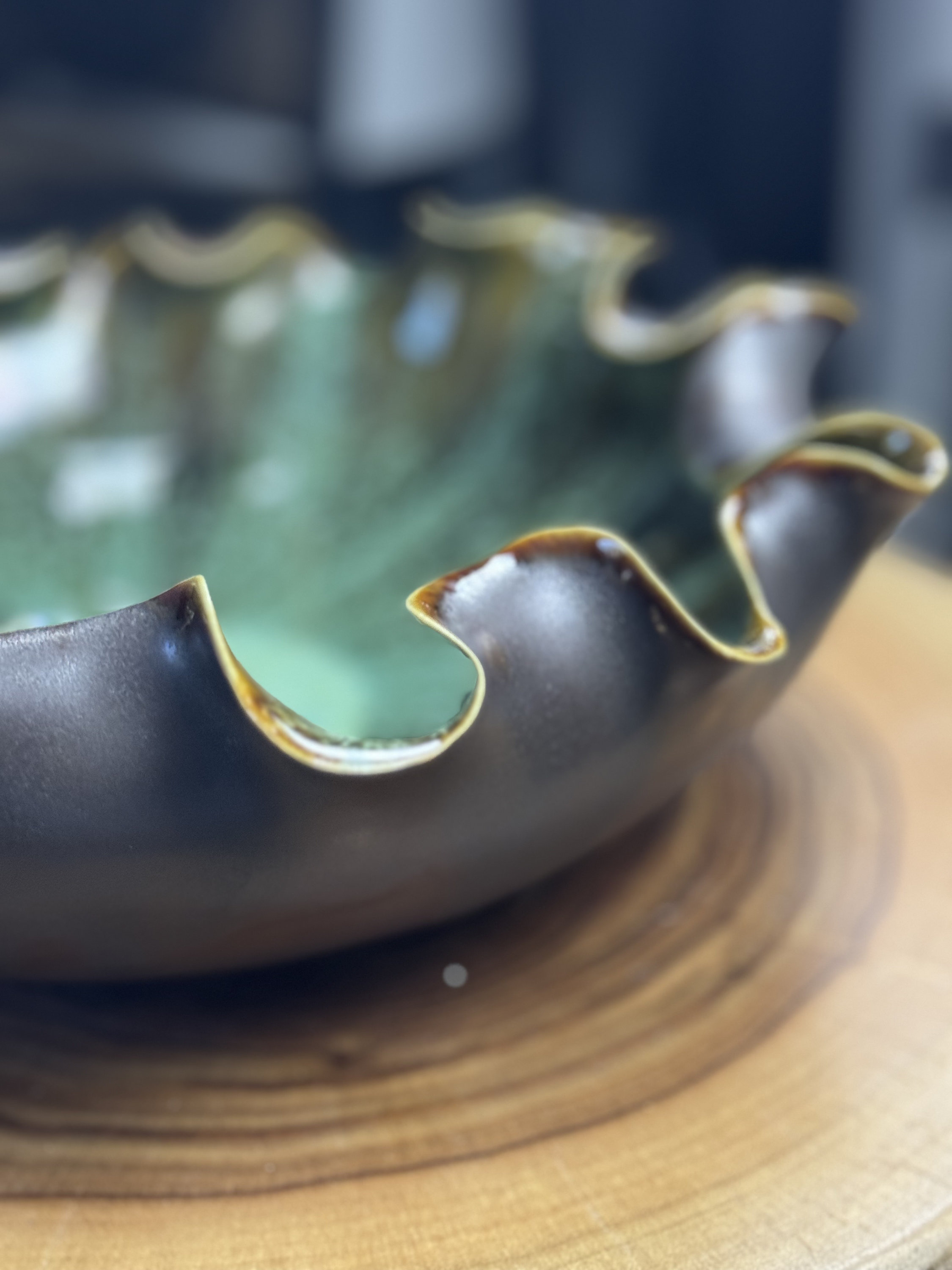 Wheel Thrown Altered Organic Porcelain Wavy Ruffle Bowl in Green and ...