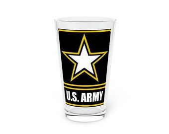 May include: A clear glass pint glass with a black and yellow U.S. Army logo featuring a white star.