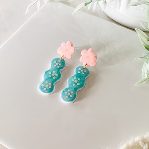 Pastel Neon Pink and Teal Green Floral Polymer Clay and Resin Statement Earrings / Handmade / Hand Painted / Stainless Steel Posts