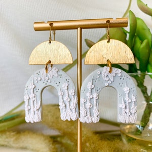 Polymer Clay / Statement Arch / Light Sage Green / White Floral / Brass Semicircle / Dangle Earrings