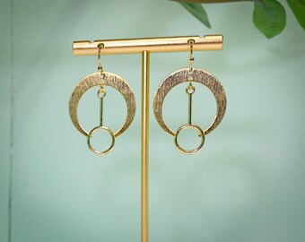 Brushed Brass Geometric Dangle Earrings / Lightweight / Circle Earrings