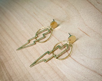 Hand Hammered Brass Lightning Bolt Earrings / Lightweight / Statement Earrings