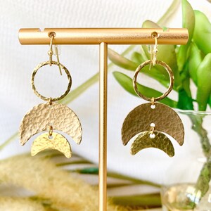 Hammered Raw Brass Crescent Moon Earrings / Dangle Earrings Lightweight Earrings / Semicircle Earrings / Handmade / Free Shipping