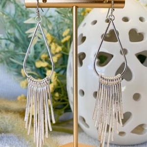 Silver Plates Statement Teardrop Fringe Earrings / Handmade Earrings / Hammered Earrings / Dangle Drop Earrings / Free Shipping