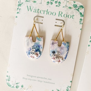 Blue Floral Polymer Clay and Brass Dangle Earrings, Super Lightweight, Muted Blue Floral with White Accent Flowers, Gold Plated Ear Wires