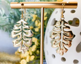 Large Leaf Dangle Earrings / Gold Plated Brass / Botanical Earrings / Gold Earrings