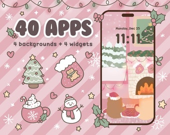 IOS 17 App Icons 40 Pack Mignon Rose Noël Vacances Hiver App Dessin animé IOS Écran d'accueil Icône Téléphone Thème Widgets - iPhone Android Icon Pack