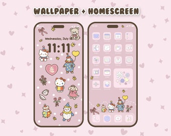 Pink Clown Kawaii Wallpaper Backgrounds - Homescreen + Lockscreen - Pink Pastel Hand drawn Cartoon IOS Phone Theme Widgets - iPhone Android