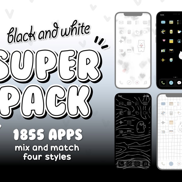 IOS 16 App Icons 1855 Pack - Cute Kawaii Black & White Hand Drawn Cartoon - Super Pack 4 Themes Homescreen Phone Theme Widget iPhone Android