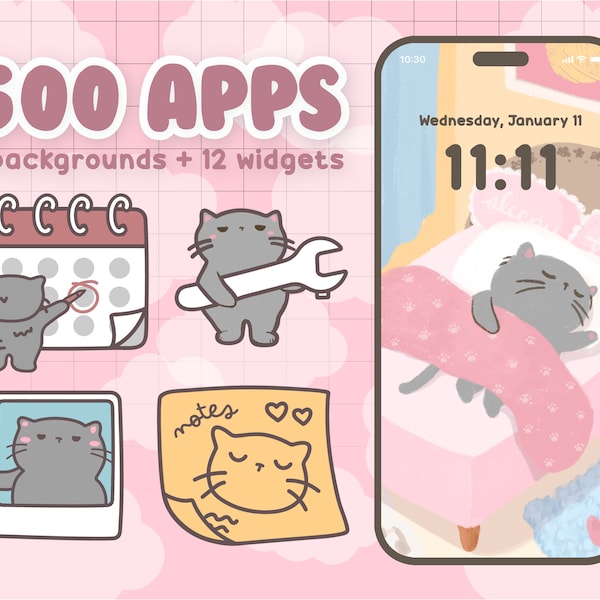 IOS 16 App Icons 500 Pack Cute Kawaii Pink Sleepy Kitty Cat App Cartoon IOS Homescreen Icon Phone Theme Widgets - iPhone Android Icon Pack