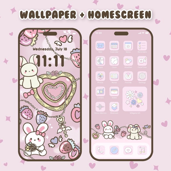 Pink Bunny Wallpaper Backgrounds - Homescreen + Lockscreen - Pink Pastel Hand drawn Cartoon IOS Phone Theme Widgets - iPhone Android