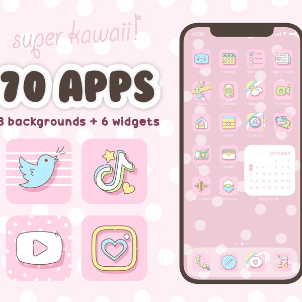 IOS 16 App Icons 70 Pack Kawaii Cute Cartoon Hand Drawn - Pink Phone Icons IOS Homescreen Icon Phone Theme Widgets iPhone Android iPad